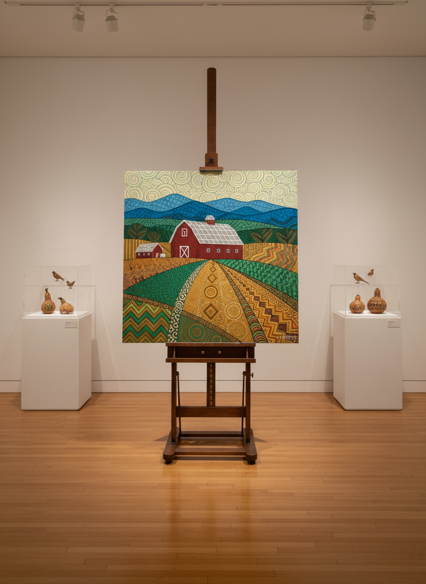 A large, square folk art painting by Lula Smith resting on a museum-grade easel in a quiet, white-walled exhibition room. The painting depicts a stylized North Carolina tobacco farm, with patchwork fields, a red barn, and distant blue ridgeline, all rendered in precise, flat planes of color and intricate patterns. The easel stands on honey-toned hardwood floors with a subtle sheen, flanked by simple, archival display cases showcasing small carved wooden birds and painted gourds. Directional track lighting from above and slightly to the side casts focused illumination on the canvas, creating a serene, contemplative atmosphere. Photographic realism, slightly elevated angle, with a calm, professional mood reminiscent of a national museum or academic gallery.