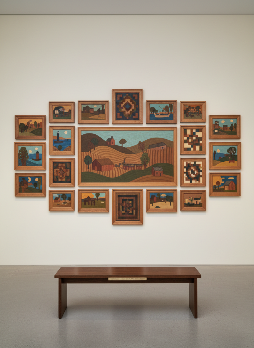 A meticulously arranged gallery wall of framed North Carolina folk art paintings, each frame crafted from weathered local hardwood with a satin finish, hung on a soft eggshell-colored wall. The artworks feature stylized landscapes, barns, coastal scenes, and quilt-inspired geometric patterns in rich but refined earth tones and indigo blues. Below, a simple dark oak bench sits on polished concrete flooring, with a discrete brass plaque hinting at museum-level recognition. Soft, even gallery lighting from recessed ceiling fixtures creates gentle, controlled highlights on the frames and zero glare on the glass. Photographic realism, shot at eye level with sharp focus throughout, evokes a sophisticated, institutional exhibition suitable for a Smithsonian-caliber collection.