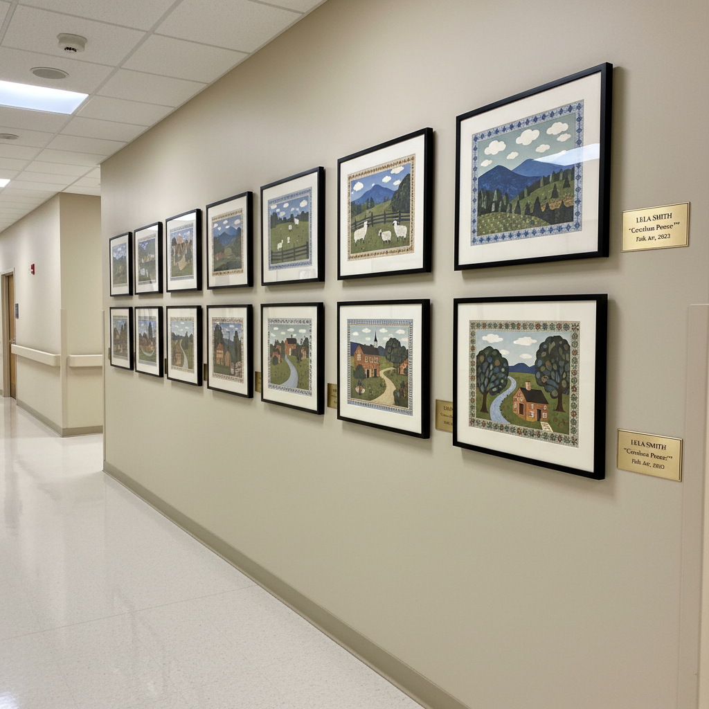 A quiet hospital corridor with polished, light-colored floors and clean, pale walls, featuring a cohesive series of Lula Smith folk art prints in identical slim black frames. Each piece portrays comforting North Carolina scenes—rolling hills, fenced pastures, and small town main streets—rendered in gentle blues, greens, and warm neutrals with intricate folk motifs. The artworks are aligned in a precise row at eye level, with small, professional labels adjacent to each frame. Soft, indirect overhead lighting eliminates harsh shadows, lending a calm, reassuring atmosphere. Photographic realism, composed from a slight diagonal angle to show depth down the corridor, emphasizing how museum-quality folk art enhances clinical spaces with quiet sophistication and cultural grounding.