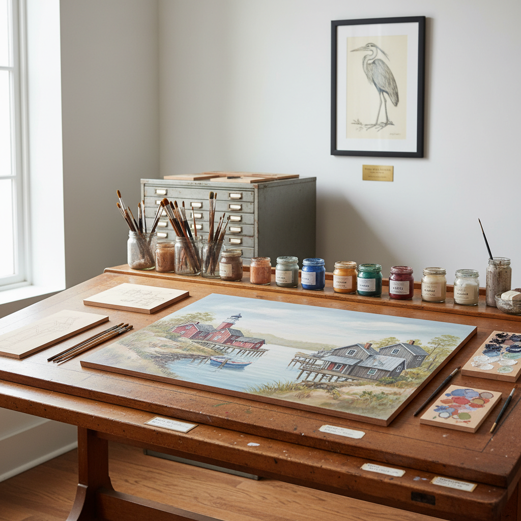 A refined studio workspace for a folk artist, featuring a wide, antique drafting table scattered with neatly organized brushes, pigment jars, and small wood panels in progress. On the table, a detailed, hand-painted scene of a North Carolina coastal village emerges in carefully layered blues, grays, and muted reds. Behind, tall flat files labeled for museum archives and a clean white wall displaying a single framed piece with a discrete institutional label. Soft north-facing window light washes the room, creating gentle shadows and emphasizing textures of paper, wood, and paint. Photographic realism, captured from a three-quarter angle with shallow depth of field that keeps the main panel in crisp focus, conveying disciplined craftsmanship and professional seriousness.