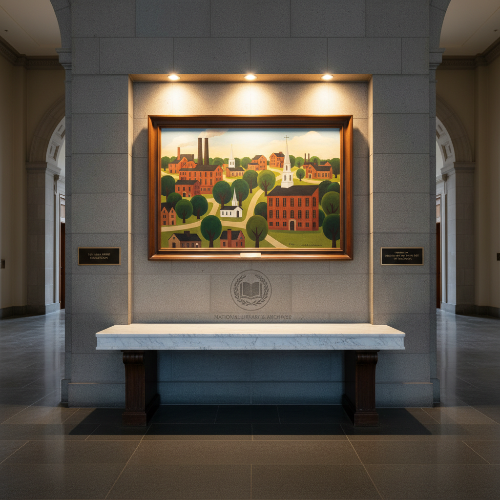 A dignified, formal reception area of a major public institution, with a broad, marble-topped console against a stone wall. Above the console, a luminous Lula Smith folk art painting of a stylized North Carolina Piedmont town—brick mills, church steeples, and tree-lined streets in elegantly simplified shapes—hangs in a dark, museum-quality frame. Discreet plaques and a subtle engraved emblem on the wall suggest placement in a national library or government building. Soft, warm architectural lighting from concealed fixtures above bathes the painting, creating a quiet halo and soft reflections on the marble. Photographic realism, straight-on composition with symmetrical balance, conveys prestige, permanence, and institutional trust in the art’s cultural value.